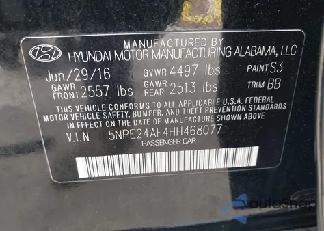 2017 Hyundai Sonata Se z USA, uszkodzony, nr VIN 5NPE24AF4HH468077